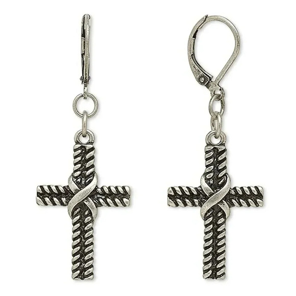 Antique Silver Pewter Artistic Rope Christian Cross Earrings - Picture 1 of 1